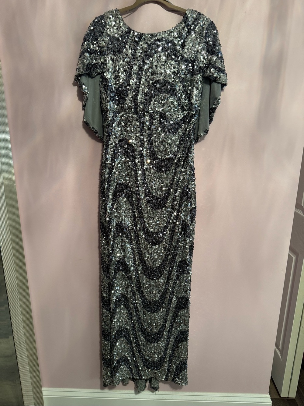 R & M Richards Silver Sequin Maxi Dress with Wave Pattern